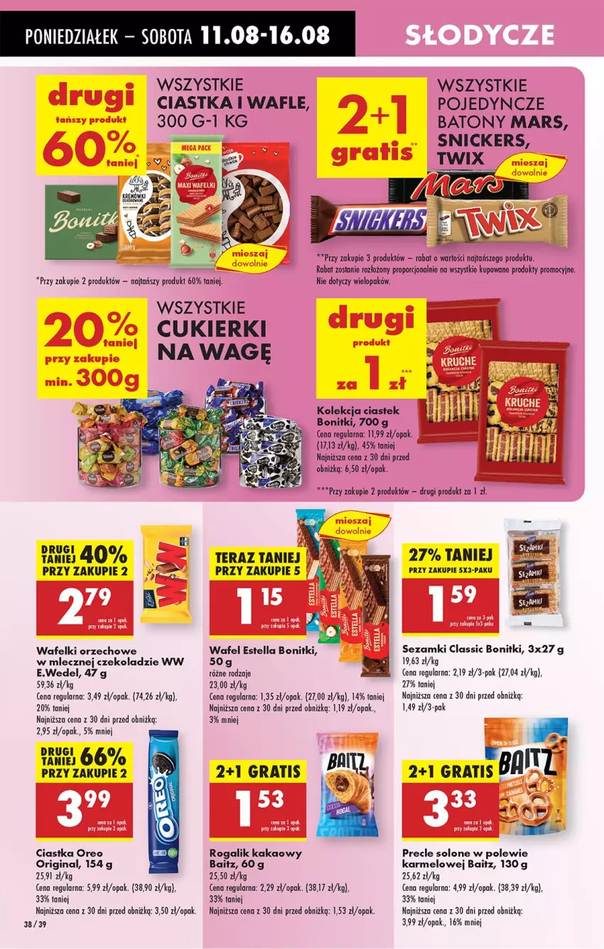Gazetka promocyjna Biedronka - Od Poniedziałku - ważna 11.08 do 16.08.2025 - strona 44 - produkty: Baton, Bonitki, Ciastka, Cukier, Cukierki, Gin, Gra, Kakao, Mars, Oreo, Por, Precle, Rogal, Sezam, Snickers, Stek, Tera, Twix, Wafle