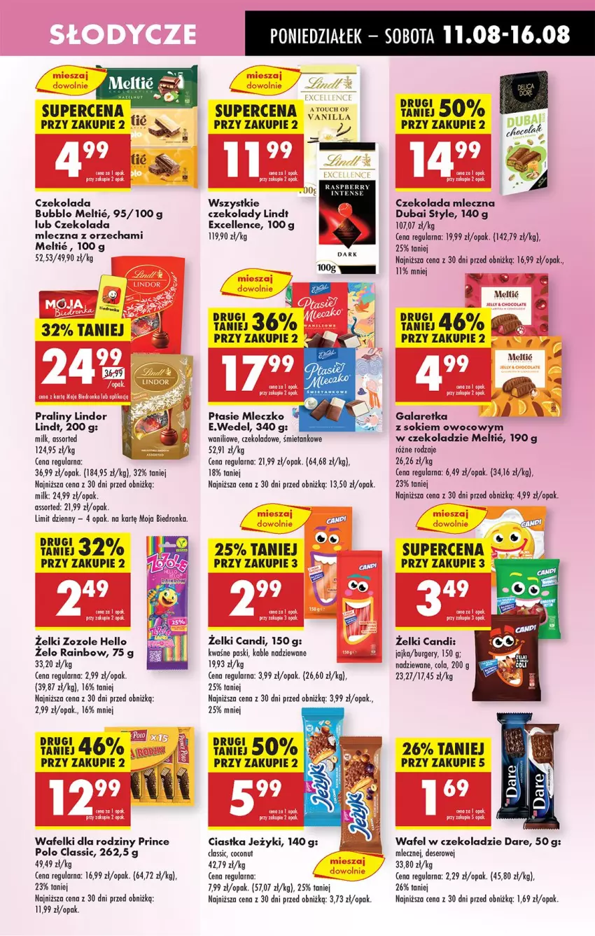 Gazetka promocyjna Biedronka - Od Poniedziałku - ważna 11.08 do 16.08.2025 - strona 45 - produkty: Burger, Ciastka, Czekolada, Czekolada mleczna, Deser, Gala, Galaretka, Jeżyki, Lindt, Mleczko, Praliny, Prince Polo, Ptasie mleczko, Ser, Sok