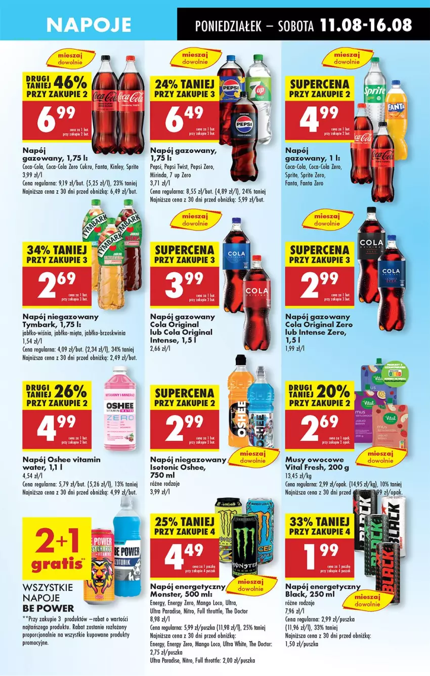Gazetka promocyjna Biedronka - Od Poniedziałku - ważna 11.08 do 16.08.2025 - strona 49 - produkty: Coca-Cola, Fa, Fanta, Full Throttle, Gin, Lack, Mango, Mięta, Mirinda, Napój, Napój energetyczny, Napój gazowany, Napój niegazowany, Napoje, Oshee, Pepsi, Por, Sprite, Tymbark