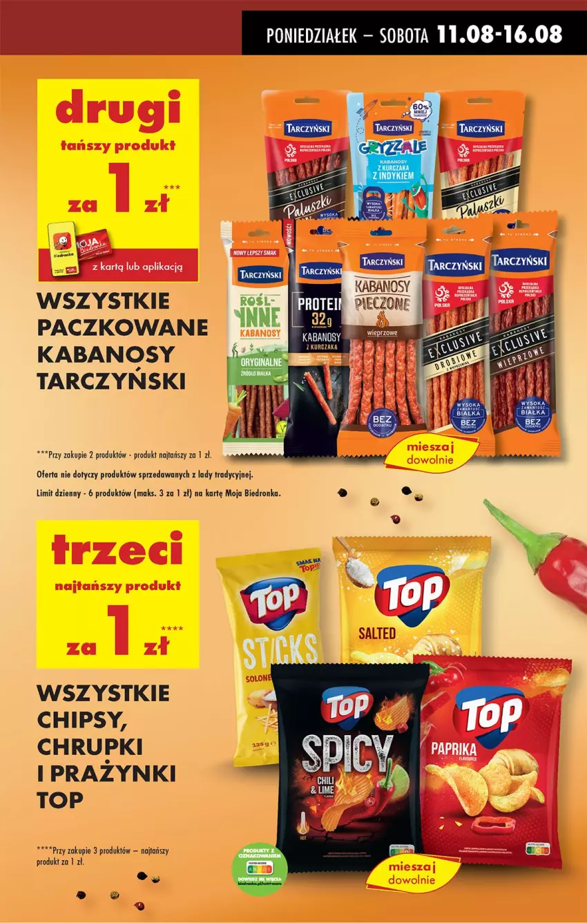 Gazetka promocyjna Biedronka - Od Poniedziałku - ważna 11.08 do 16.08.2025 - strona 5 - produkty: Chipsy, Chrupki, Kabanos, Piec, Sok, Top