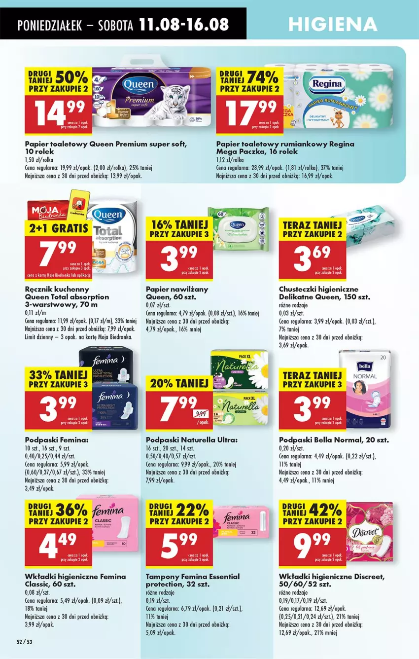 Gazetka promocyjna Biedronka - Od Poniedziałku - ważna 11.08 do 16.08.2025 - strona 58 - produkty: Bell, Bella, Chusteczki, Discreet, Gin, Gra, Naturell, Naturella, Papier, Papier toaletowy, Podpaski, Ręcznik, Ręcznik kuchenny, Rum, Tampony, Tera, Wkładki
