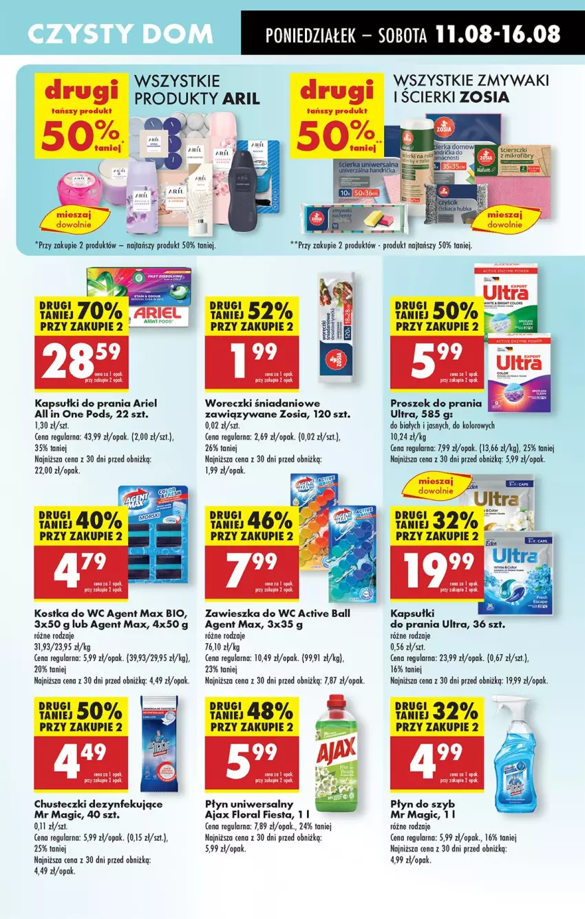Gazetka promocyjna Biedronka - Od Poniedziałku - ważna 11.08 do 16.08.2025 - strona 59 - produkty: Ajax, Ariel, Chusteczki, Danio, Flora, Kapsułki do prania, Kostka do wc, Leon, Płyn do szyb, Por, Proszek do prania, Zawieszka do wc