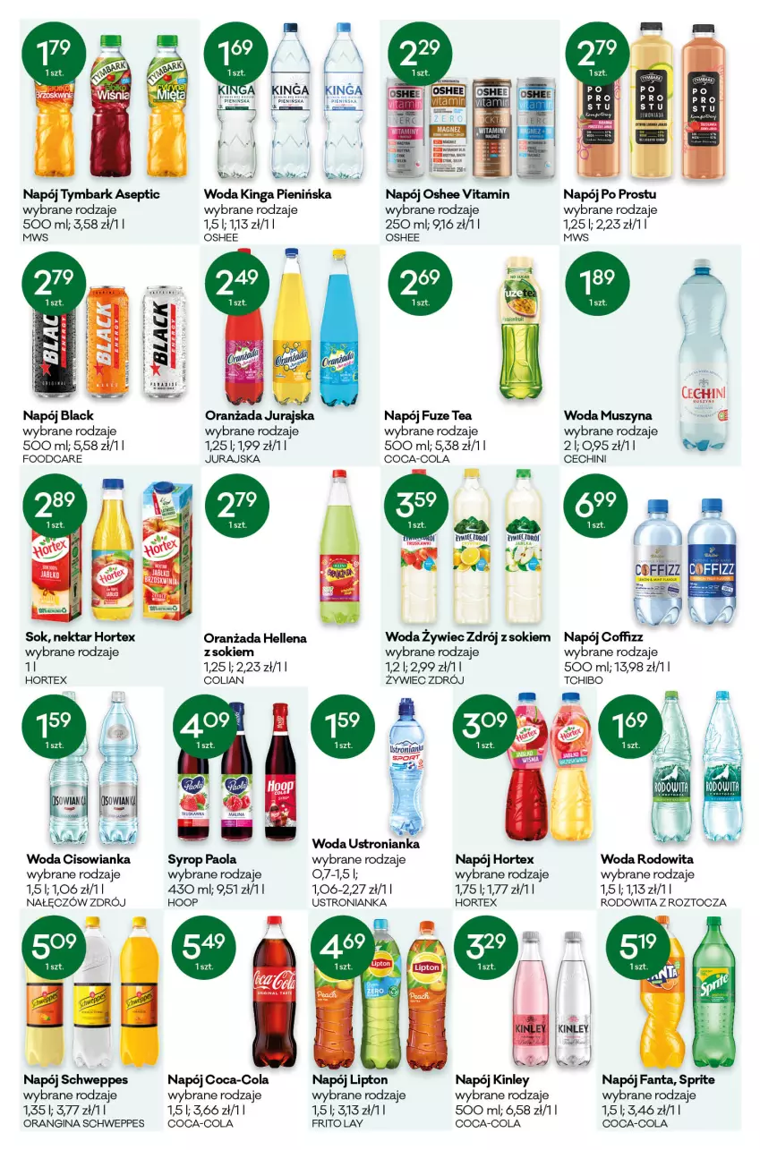 Gazetka promocyjna Groszek - ważna 14.04 do 26.04.2022 - strona 10 - produkty: Cisowianka, Coca-Cola, Fa, Fanta, Gin, Hellena, Hoop, Hortex, Lack, Lipton, Mus, Napój, Nektar, Oranżada, Oshee, Paola, Schweppes, Sok, Sprite, Syrop, Szyna, Tchibo, Tymbark, Vitamin napój, Woda