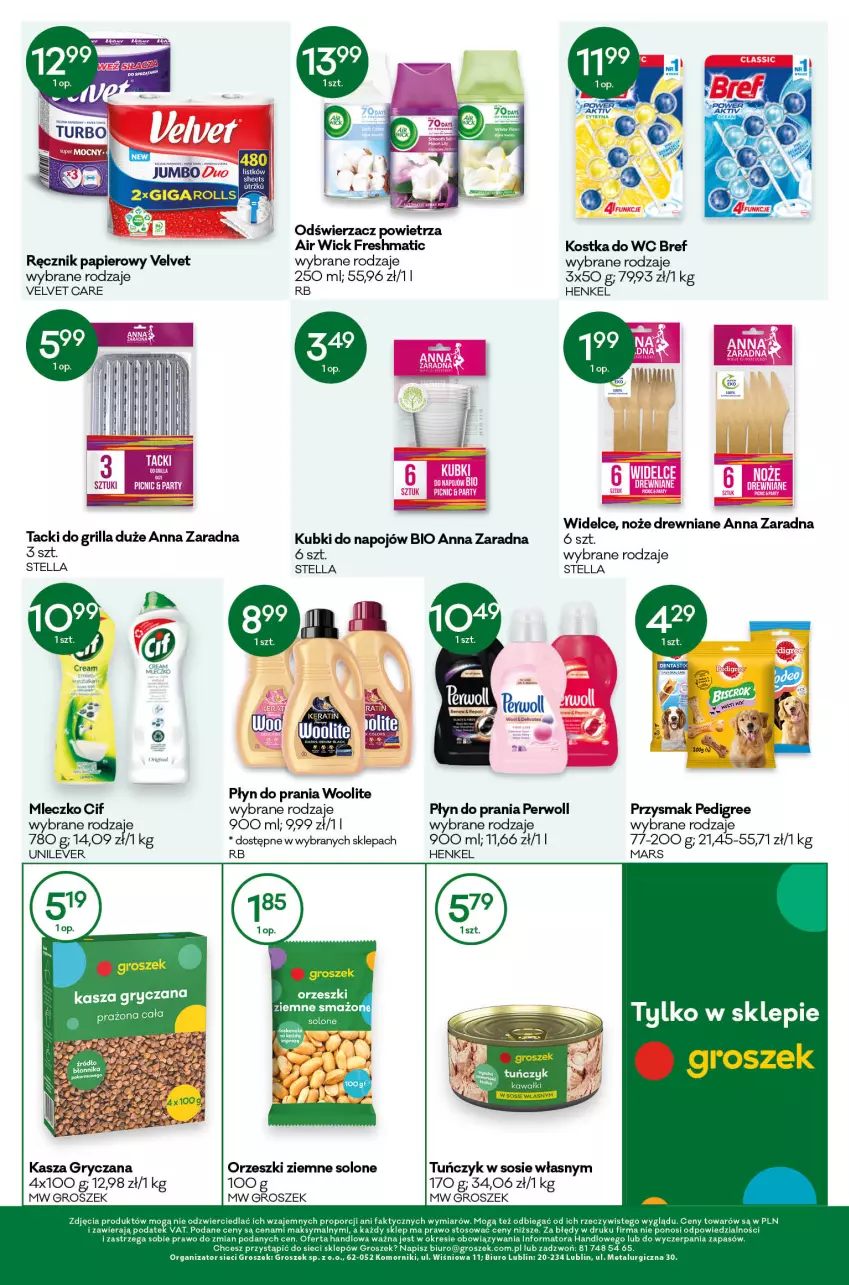 Gazetka promocyjna Groszek - ważna 14.04 do 26.04.2022 - strona 12 - produkty: Air Wick, Biuro, Bref, Cif, Fa, Grill, Groszek, Gry, Kasza, Kasza gryczana, Kostka do wc, Mars, Mleczko, Noż, Orzeszki, Orzeszki ziemne, Papier, Pedigree, Perwoll, Płyn do prania, Por, Ręcznik, Sos, Tuńczyk, Velvet, Woolite