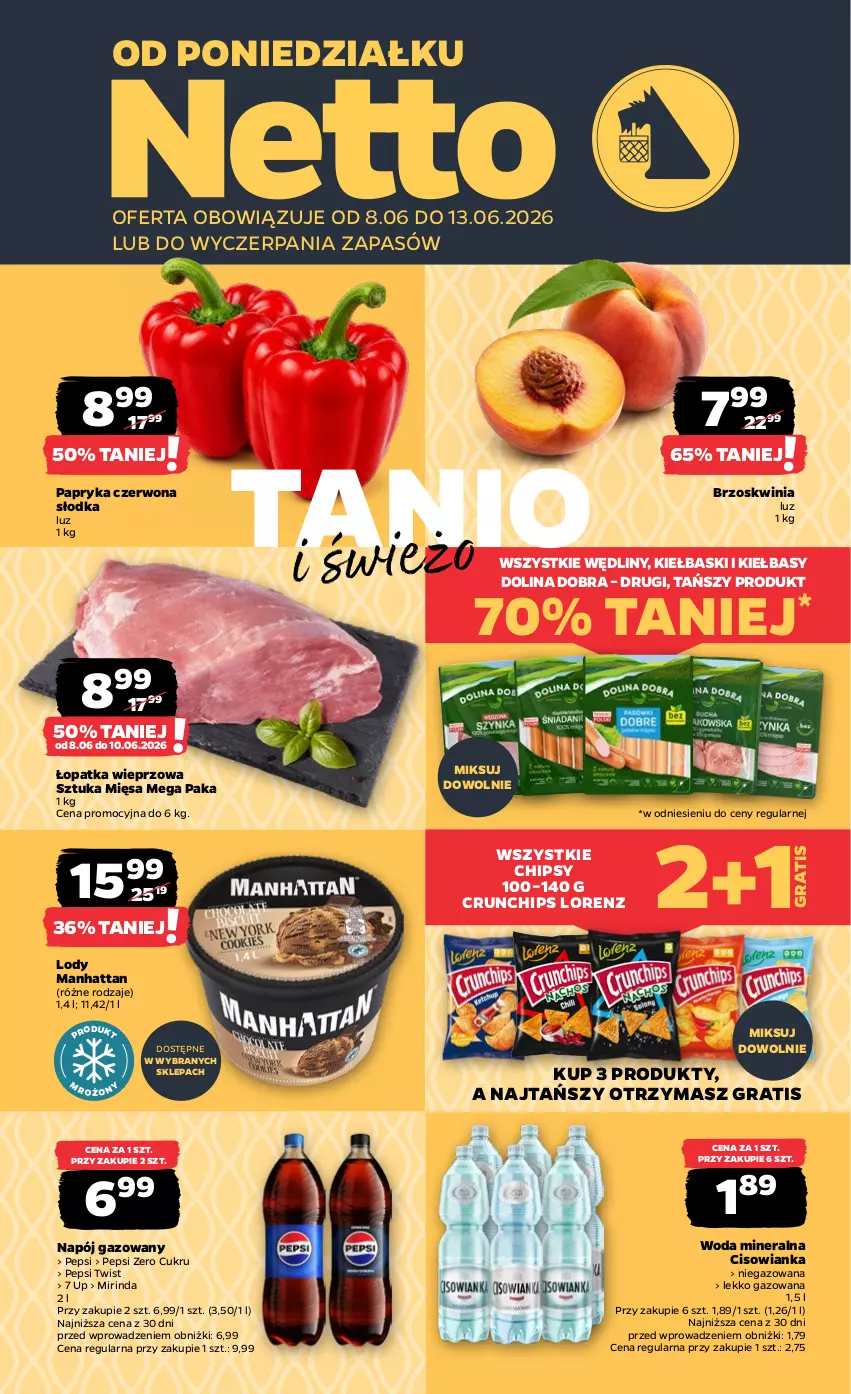 Gazetka promocyjna Netto - Od Poniedziałku - ważna 08.06 do 13.06.2026 - strona 1 - produkty: Chipsy, Cisowianka, Crunchips, Gra, Lody, Lorenz, Mirinda, Napój, Napój gazowany, Papryka, Papryka czerwona, Pepsi, Woda, Woda mineralna