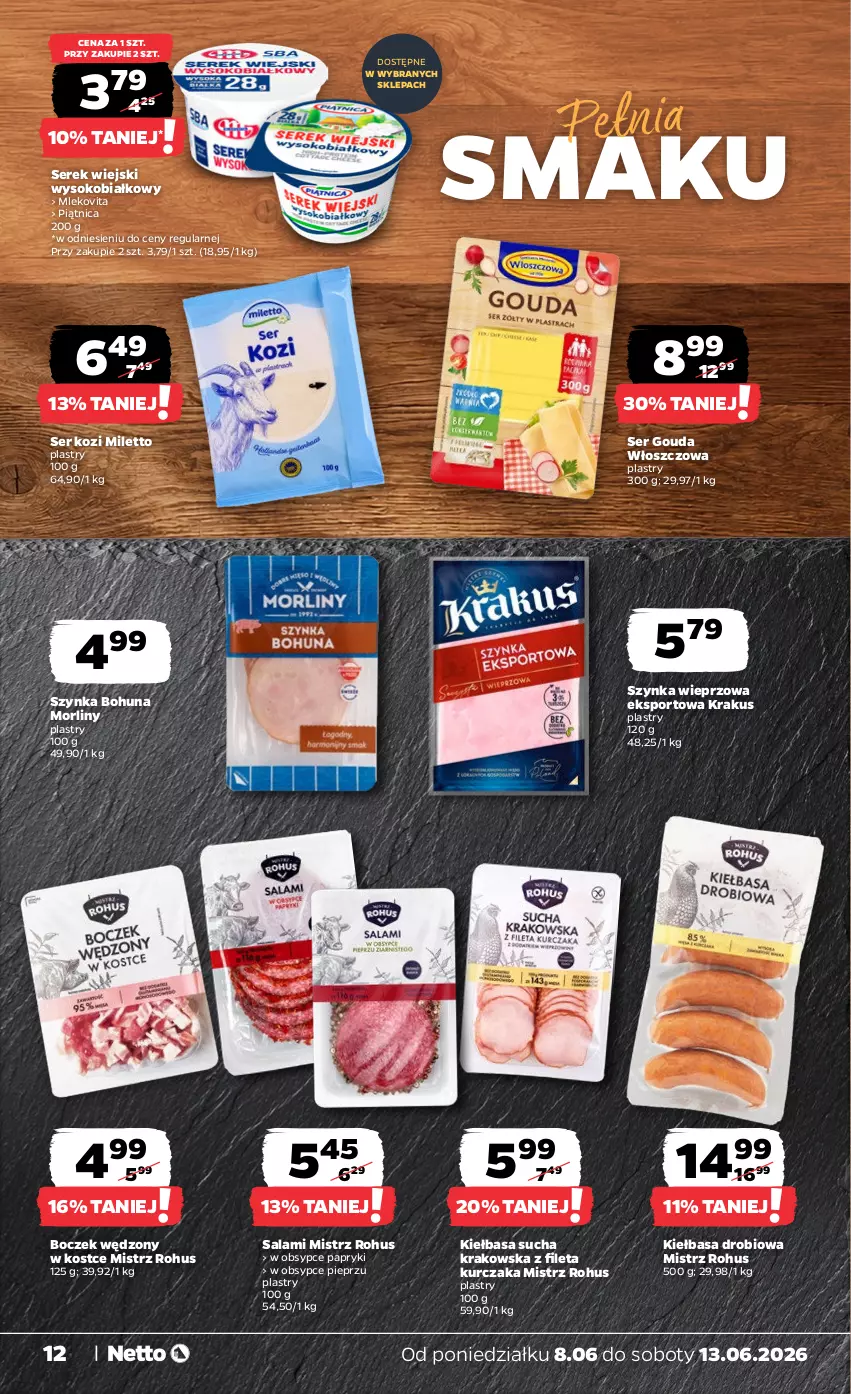 Gazetka promocyjna Netto - Od Poniedziałku - ważna 08.06 do 13.06.2026 - strona 12 - produkty: Boczek, Gouda, Kiełbasa, Krakus, Kurczak, Mleko, Mlekovita, Morliny, Piątnica, Pieprz, Por, Salami, Ser, Ser kozi, Serek, Serek wiejski, Sok, Sport, Szynka, Szynka wieprzowa