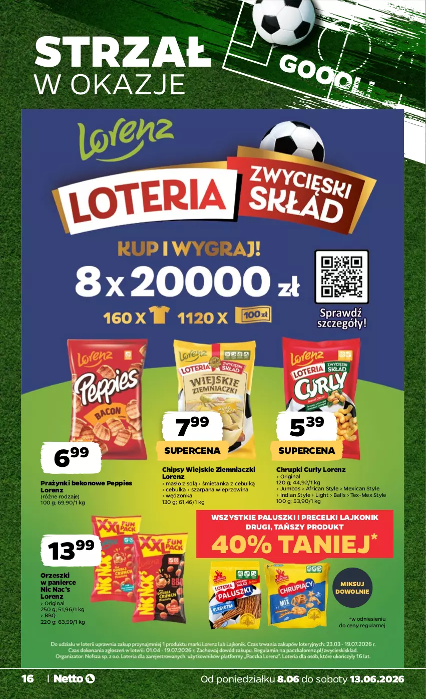 Gazetka promocyjna Netto - Od Poniedziałku - ważna 08.06 do 13.06.2026 - strona 16 - produkty: Beko, Chipsy, Chrupki, Gin, Lajkonik, Lorenz, Masło, Orzeszki, Precelki, Wieprzowina