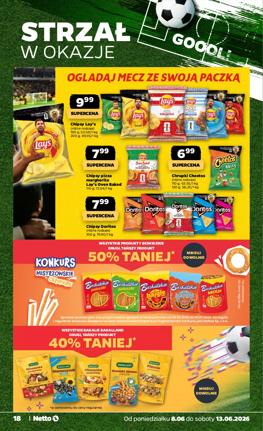 Gazetka promocyjna Netto - Od Poniedziałku - ważna 08.06 do 13.06.2026 - strona 18 - produkty: Bakalland, Beskidzki, Cheetos, Chipsy, Chrupki, Lay’s, Pizza, Pizza margherita