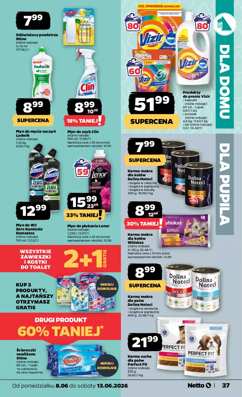 Gazetka promocyjna Netto - Od Poniedziałku - ważna 08.06 do 13.06.2026 - strona 37 - produkty: Clin, Do mycia naczyń, Domestos, Gra, Karma mokra dla kotów, Lenor, Ludwik, Odświeżacz powietrza, Płyn do mycia, Płyn do mycia naczyń, Płyn do płukania, Płyn do szyb, Płyn do wc, Vizir, Whiskas, Zawieszki