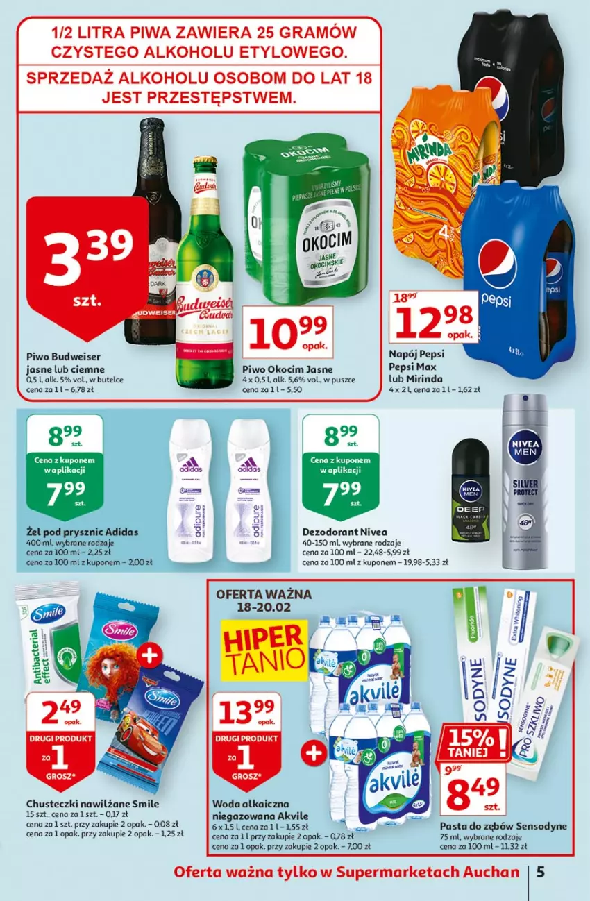 Gazetka promocyjna Auchan - Hiper porządki Supermarkety - ważna 18.02 do 25.02.2021 - strona 5 - produkty: Adidas, Chusteczki, Dezodorant, Koc, Mirinda, Napój, Nivea, Okocim, Pasta do zębów, Pepsi, Pepsi max, Piwo, Sensodyne, Ser, Woda