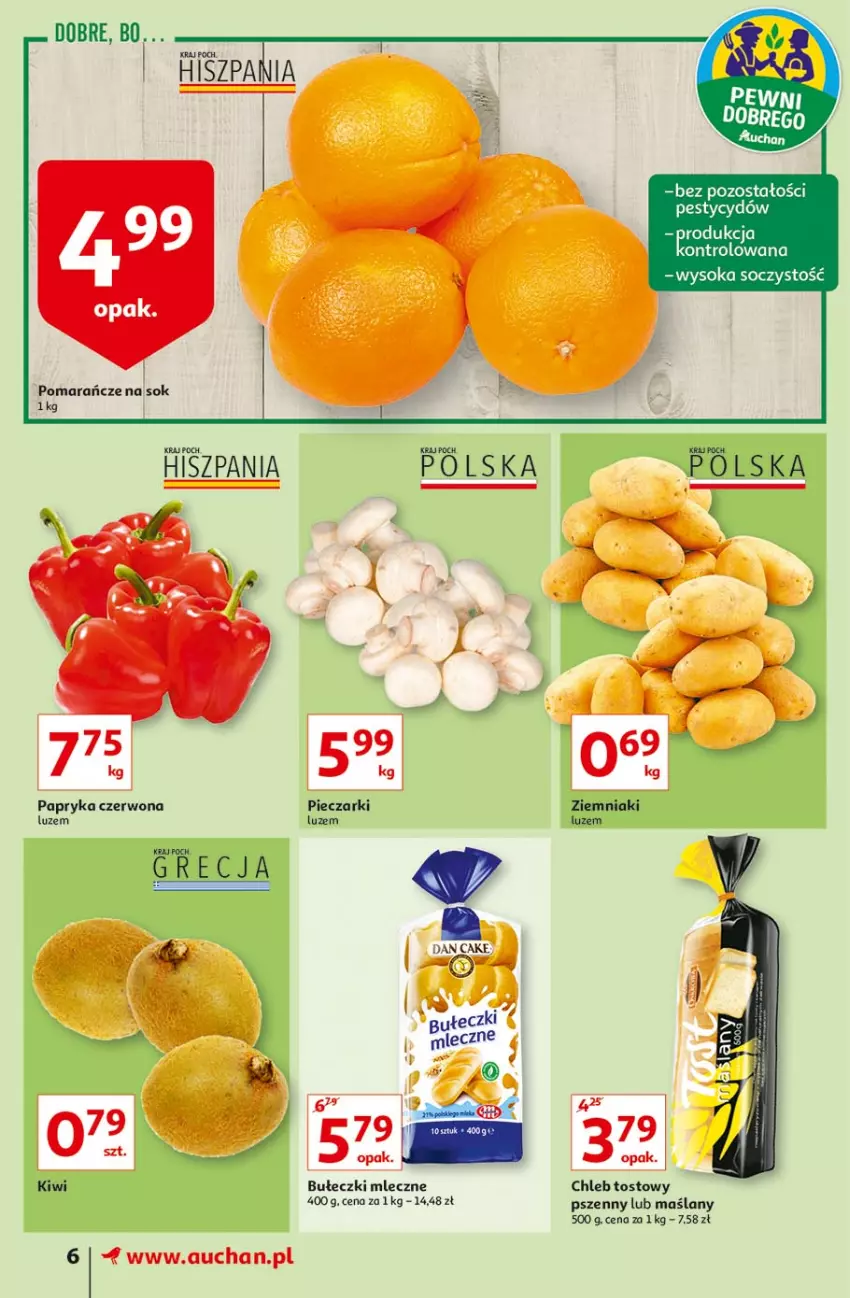 Gazetka promocyjna Auchan - Hiper porządki Supermarkety - ważna 18.02 do 25.02.2021 - strona 6 - produkty: Bułeczki, Bułeczki mleczne, Chleb, Chleb tostowy, Papryka, Papryka czerwona, Piec, Pomarańcze, Sok