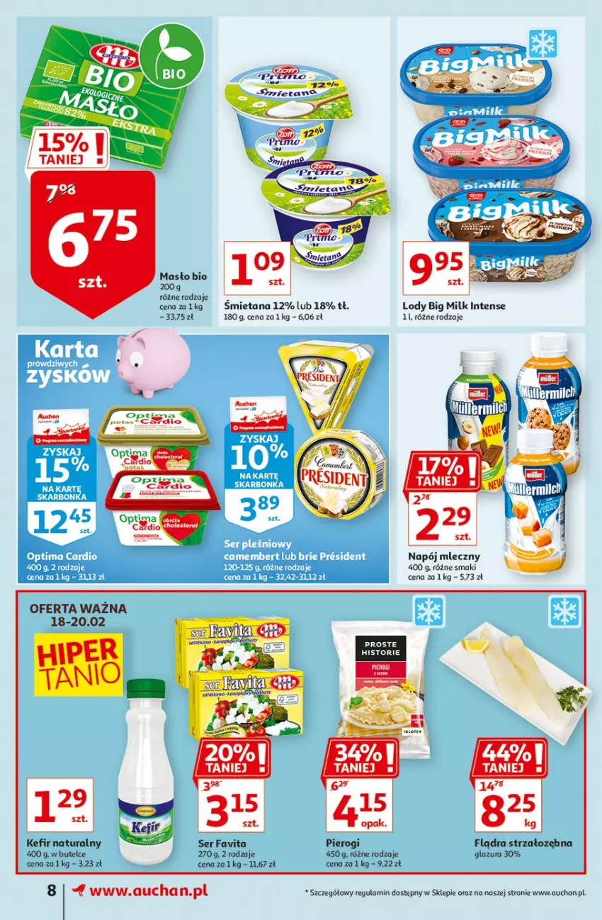 Gazetka promocyjna Auchan - Hiper porządki Supermarkety - ważna 18.02 do 25.02.2021 - strona 8 - produkty: Big Milk, Fa, Favita, Glazura, Kefir, Kefir naturalny, Lazur, Lody, Masło, Napój, Napój mleczny, Pierogi, Ser