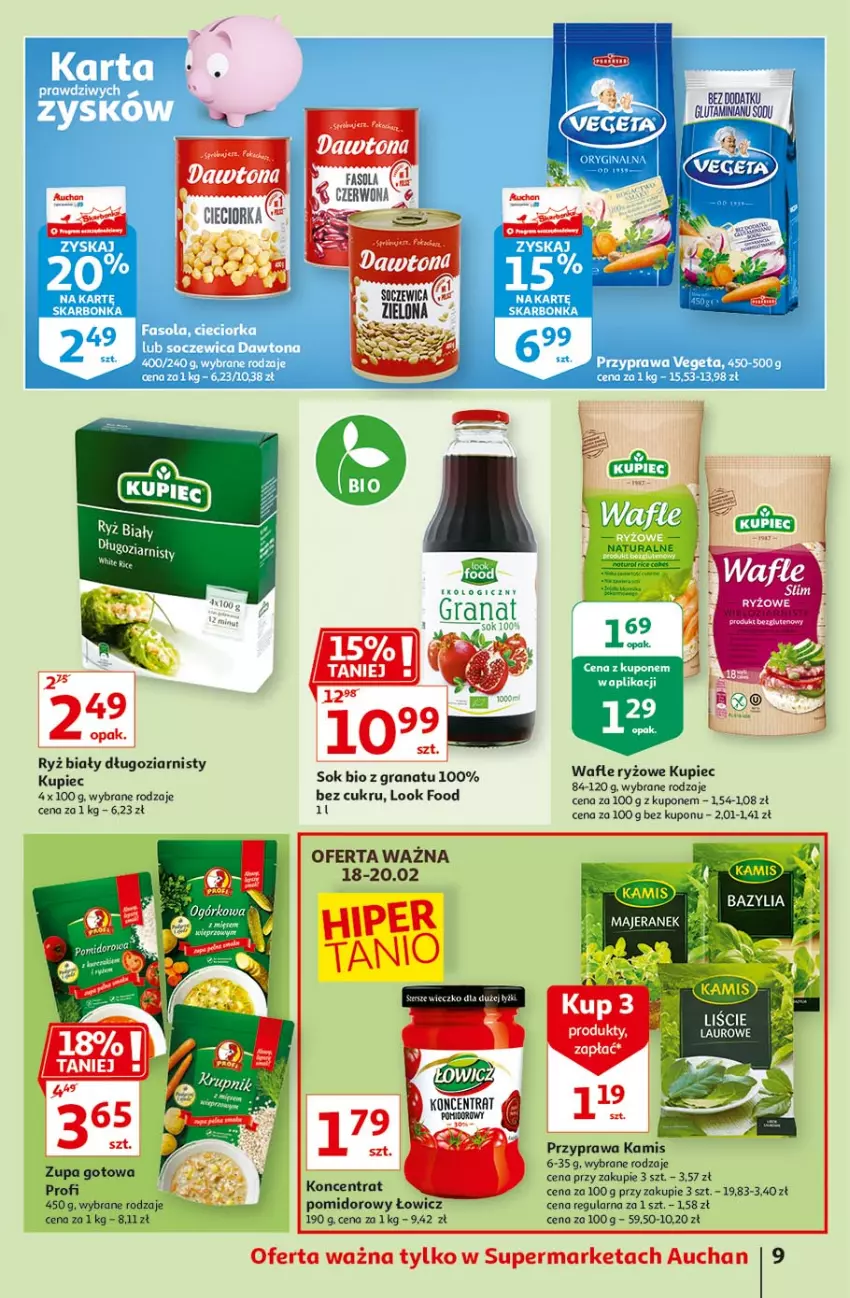 Gazetka promocyjna Auchan - Hiper porządki Supermarkety - ważna 18.02 do 25.02.2021 - strona 9 - produkty: Gin, Gra, Granat, Kamis, Kupiec, Piec, Ryż, Ryż biały, Sok, Wafle, Zupa