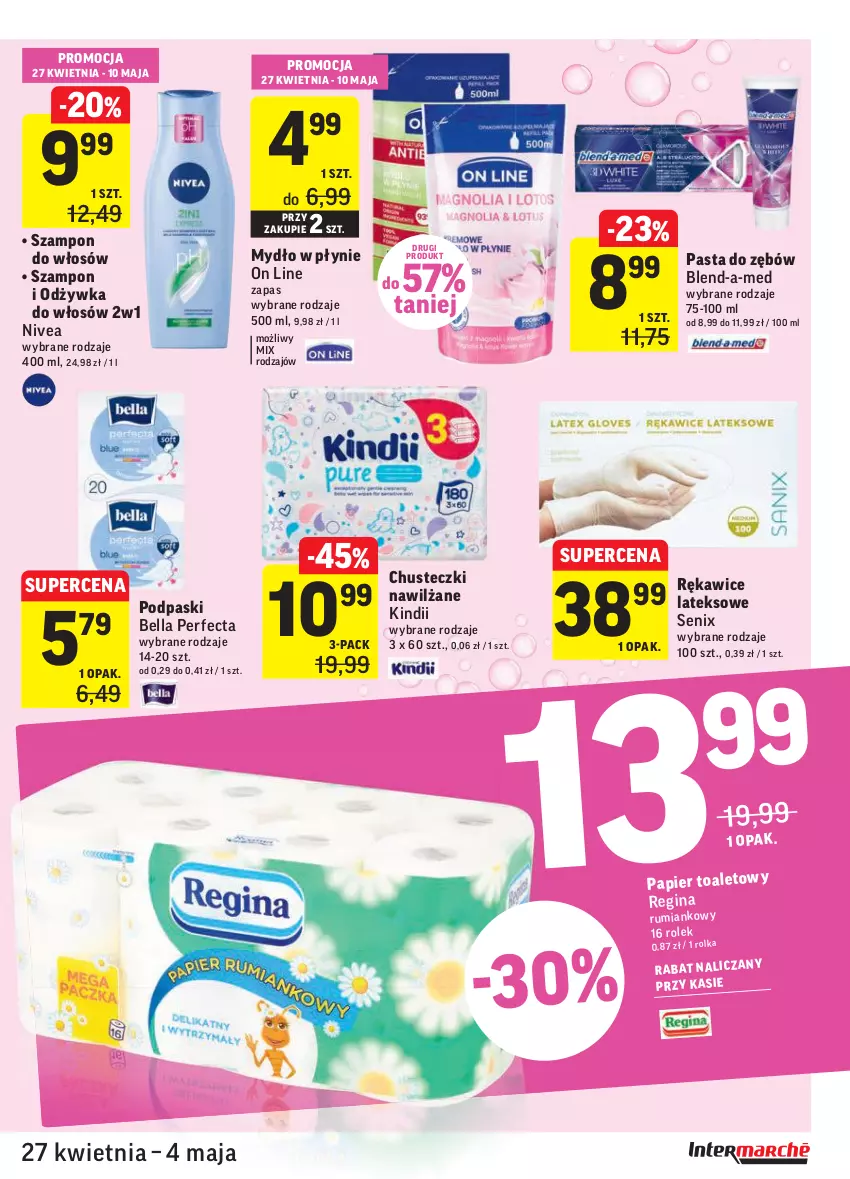 Gazetka promocyjna Intermarche - Grill majowy - ważna 27.04 do 04.05.2021 - strona 37 - produkty: Bell, Bella, Blend-a-Med, Chusteczki, Gin, Kindii, Mydło, Mydło w płynie, Nivea, Odżywka, Papier, Pasta do zębów, Perfecta, Podpaski, Rękawice, Rękawice lateksowe, Rum, Szampon