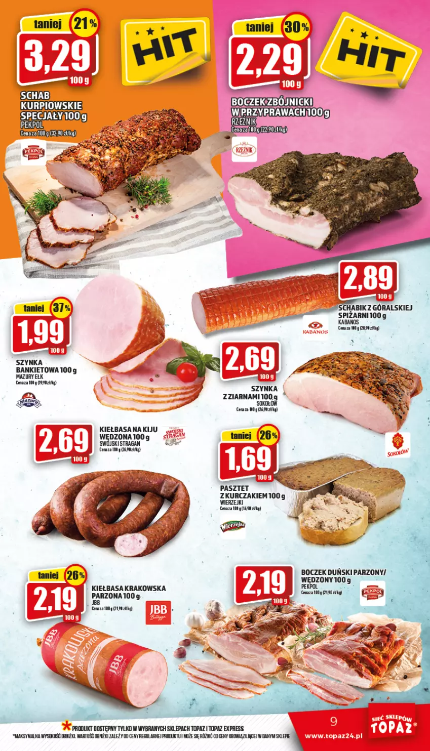 Gazetka promocyjna Topaz - Gazetka - ważna 19.05 do 25.05.2022 - strona 9 - produkty: Boczek, Kabanos, Kiełbasa, Sok, Sokołów, Szynka, Top