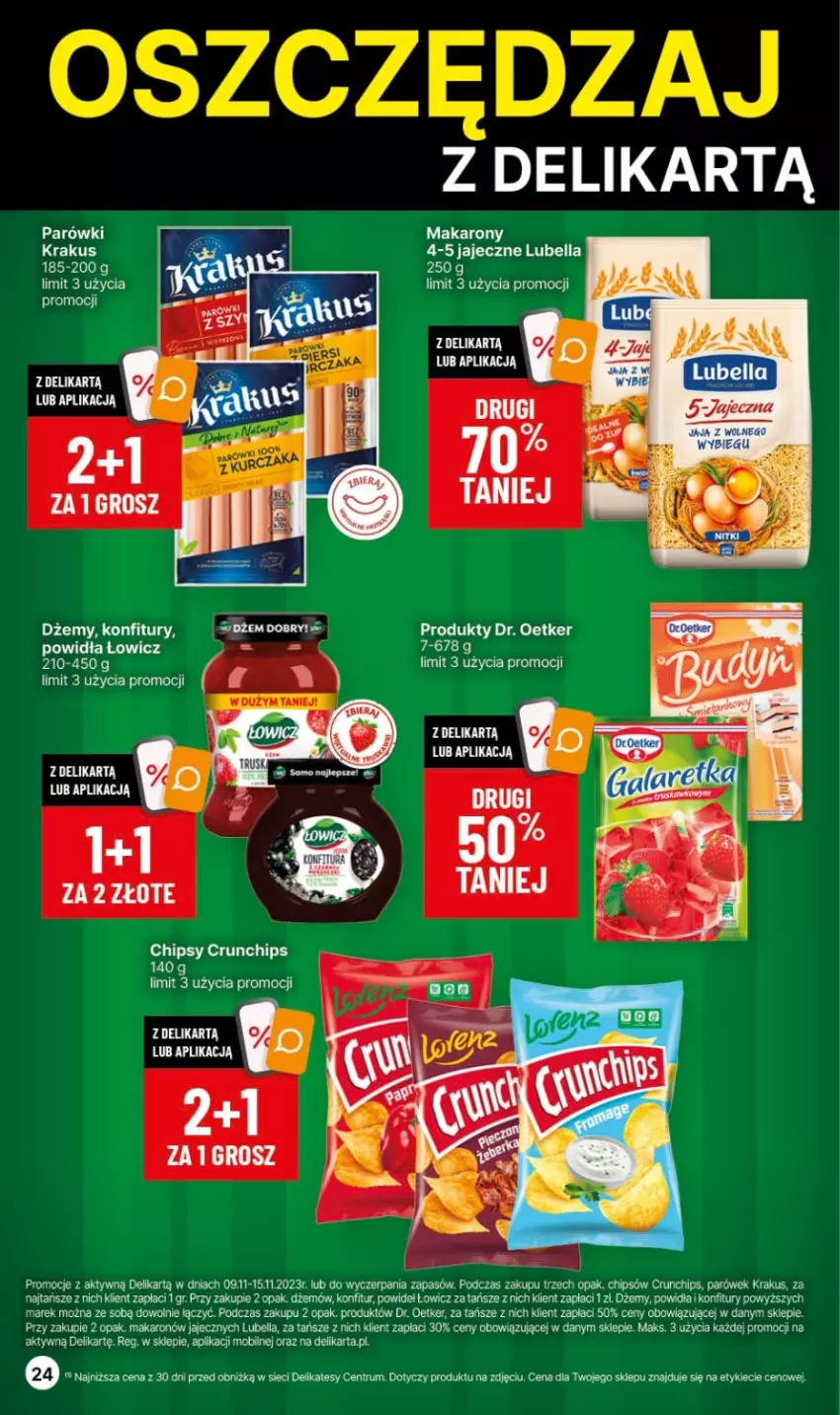 Gazetka promocyjna Delikatesy Centrum - Gazetka DC44 czw-sr - ważna 09.11 do 15.11.2023 - strona 24 - produkty: Bell, Bella, Chipsy, Crunchips, Dr. Oetker, Dżem, Krakus, Lubella, Makaron, Mobil, Parówki, Rum