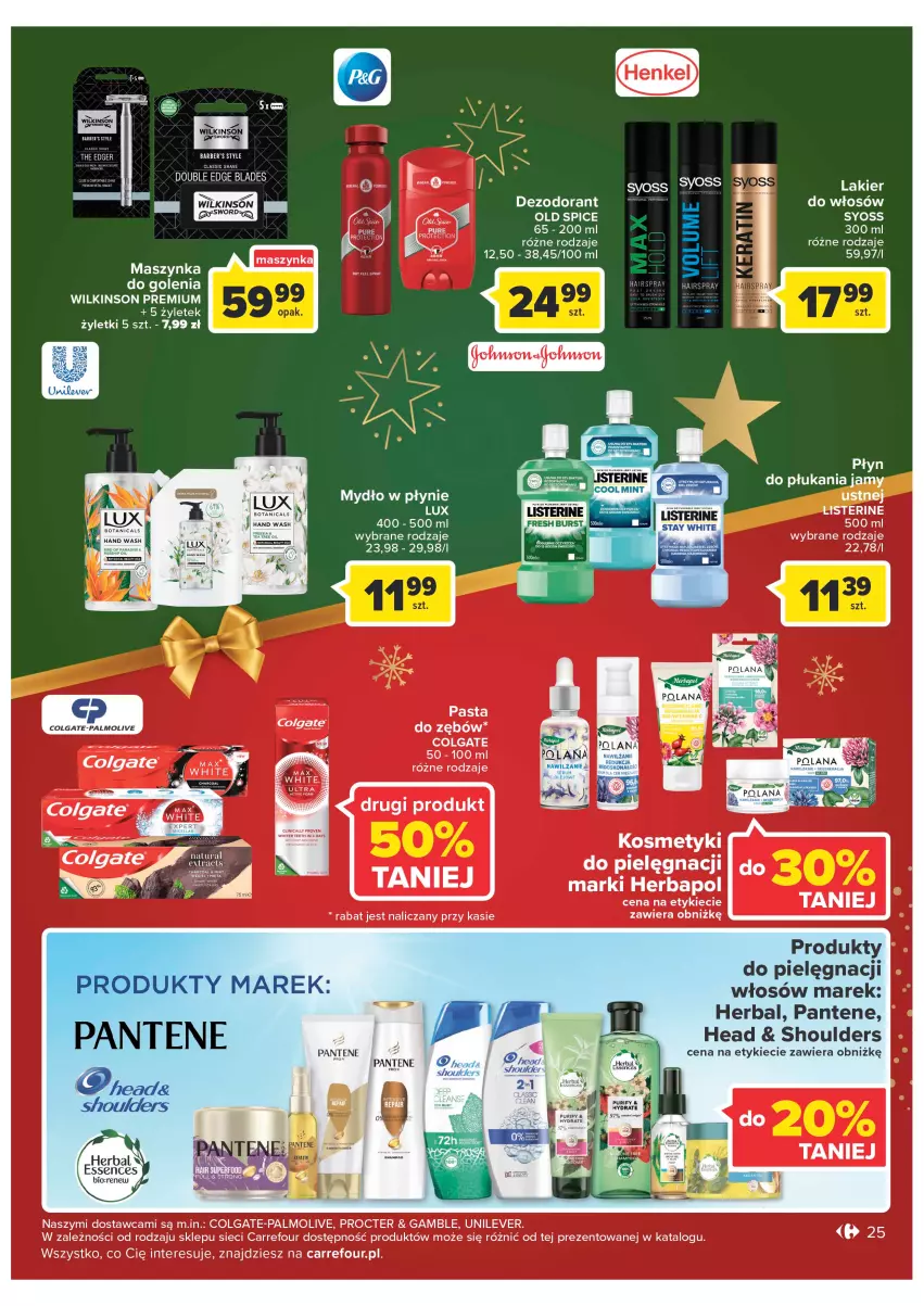 Gazetka promocyjna Carrefour - Gazetka Carrefour - ważna 19.12 do 24.12.2022 - strona 25 - produkty: Colgate, Dezodorant, Herbapol, Lakier, Lakier do włosów, LG, Maszynka, Maszynka do golenia, O nas, Old Spice, Palmolive, Pantene, Płyn do płukania, Płyn do płukania jamy ustnej, Syoss, Szynka