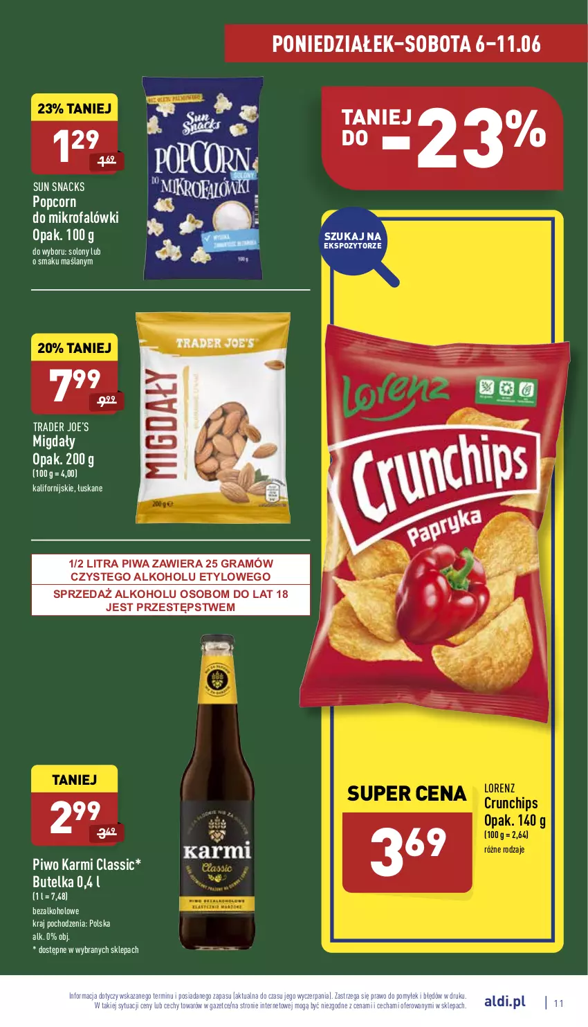 Gazetka promocyjna Aldi - Pełny katalog - ważna 06.06 do 11.06.2022 - strona 11 - produkty: Crunchips, Fa, Gra, Karmi, Lorenz, Migdały, Piwa, Piwo, Popcorn