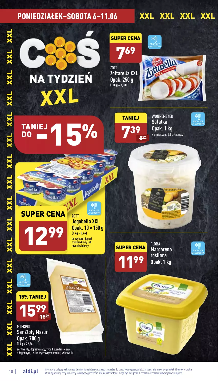 Gazetka promocyjna Aldi - Pełny katalog - ważna 06.06 do 11.06.2022 - strona 18 - produkty: Bell, Bella, Flora, Jogobella, Jogurt, Kawa, Margaryna, Sałat, Sałatka, Ser, Złoty Mazur, Zott, Zottarella