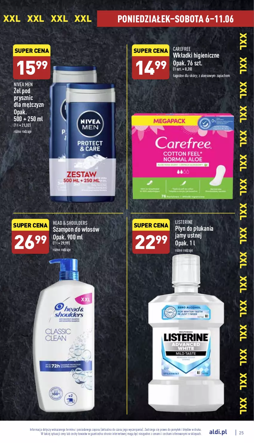 Gazetka promocyjna Aldi - Pełny katalog - ważna 06.06 do 11.06.2022 - strona 25 - produkty: Carefree, Listerine, Nivea, Nivea Men, Płyn do płukania, Płyn do płukania jamy ustnej, Szampon, Wkładki