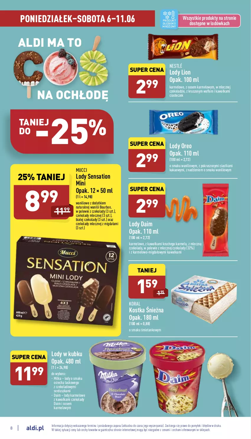 Gazetka promocyjna Aldi - Pełny katalog - ważna 06.06 do 11.06.2022 - strona 8 - produkty: Bourbon, Ciastka, Kakao, Kawa, Lion, Lodówka, Lody, Milka, Nestlé, Oreo, Sati, Ser, Sos, Wafle