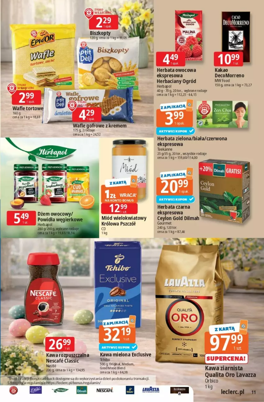 Gazetka promocyjna E Leclerc - ważna 26.03 do 04.04.2026 - strona 11 - produkty: BIC, Biszkopty, Dilmah, Fa, Gin, Herbapol, Herbata, Herbata czarna, Herbata owocowa, Kakao, Kawa, Kawa mielona, Kawa rozpuszczalna, Kawa ziarnista, Lavazza, Miód, Ogród, Tchibo, Teekanne, Tran, Wafle, Wafle tortowe