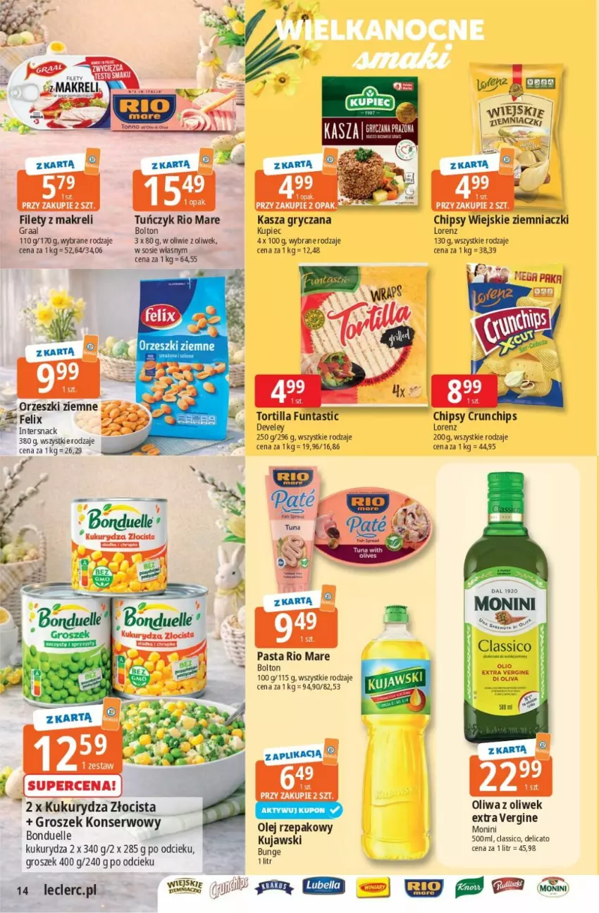 Gazetka promocyjna E Leclerc - ważna 26.03 do 04.04.2026 - strona 14 - produkty: Bonduelle, Chipsy, Crunchips, Felix, Gin, Gra, Graal, Groszek, Gry, Kasza, Kasza gryczana, Kujawski, Kukurydza, Kupiec, Lorenz, Olej, Olej rzepakowy, Orzeszki, Orzeszki ziemne, Piec, Rio Mare, Ser, Sos, Tortilla, Tuńczyk