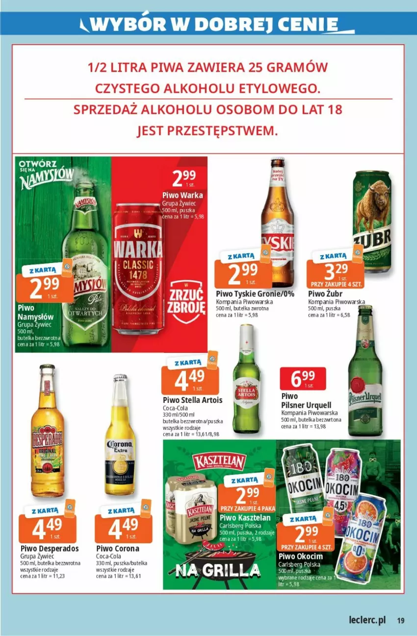 Gazetka promocyjna E Leclerc - ważna 26.03 do 04.04.2026 - strona 19 - produkty: Carlsberg, Coca-Cola, Desperados, Kasztelan, Namysłów, Pilsner Urquell, Piwo, Tyskie