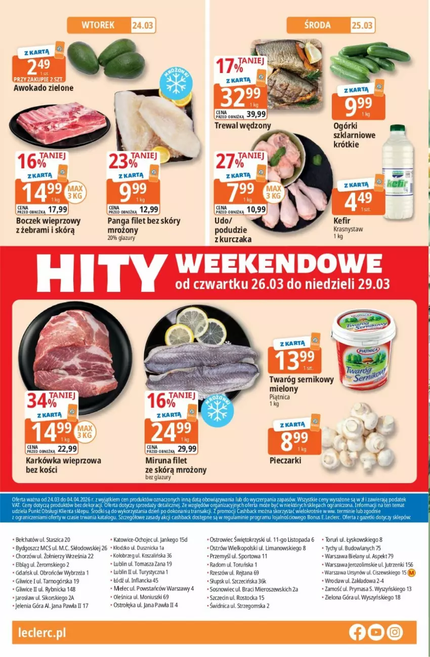 Gazetka promocyjna E Leclerc - ważna 26.03 do 04.04.2026 - strona 24 - produkty: Boczek, Boczek wieprzowy, Karkówka wieprzowa, Kefir, Kosz, Kurczak, Lazur, Miruna, Panga, Piątnica, Piec, Por, Ser, Sos, Sport, Stock, Szal, Top, Twaróg