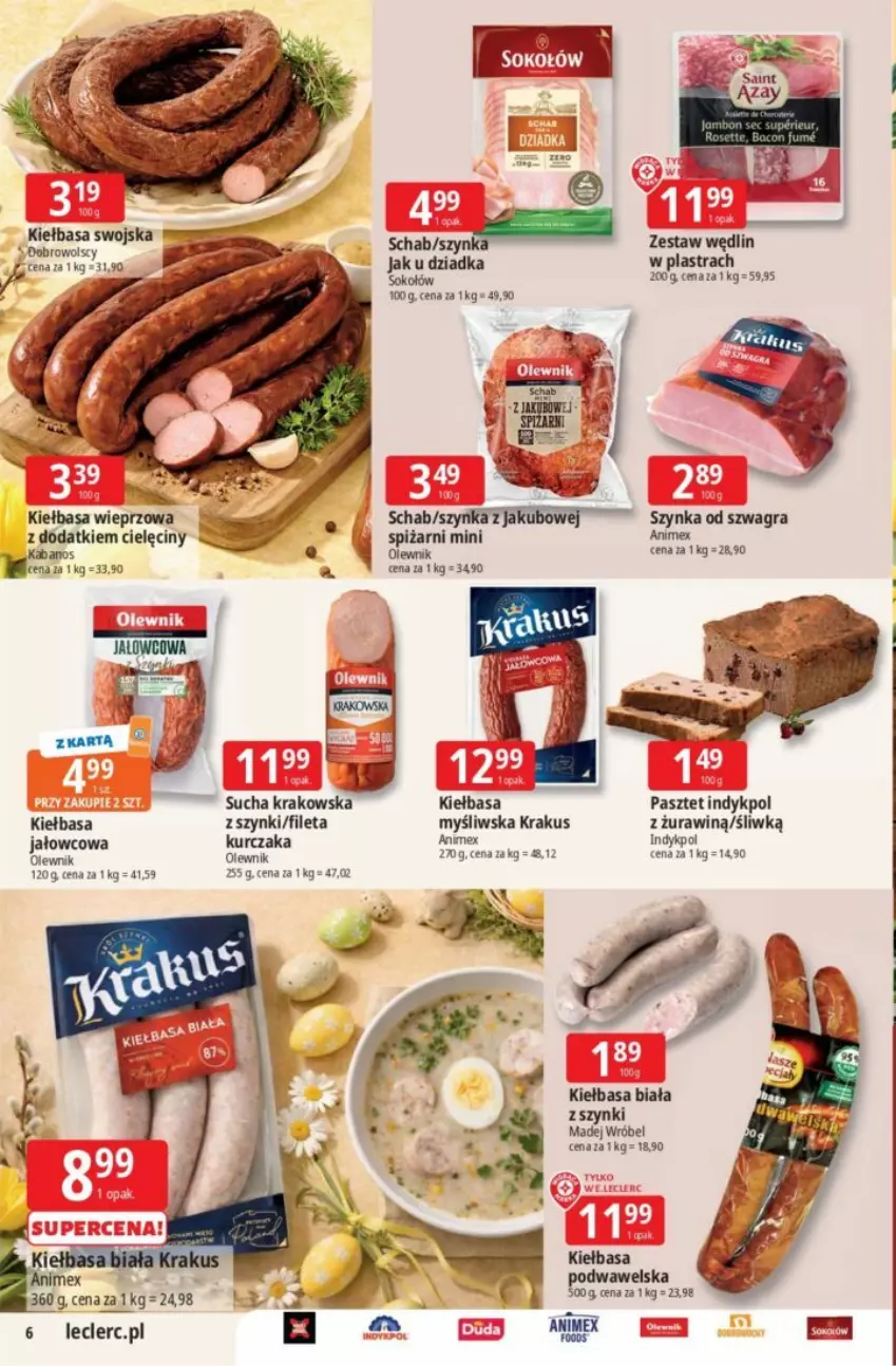 Gazetka promocyjna E Leclerc - ważna 26.03 do 04.04.2026 - strona 30 - produkty: Gra, Kabanos, Kiełbasa, Kiełbasa biała, Krakus, Olewnik, Pasztet, Sok, Sokołów, Szynka