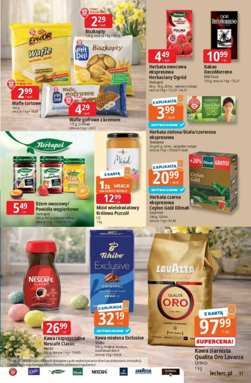 Gazetka promocyjna E Leclerc - ważna 26.03 do 04.04.2026 - strona 35 - produkty: BIC, Biszkopty, Dilmah, Dżem, Herbapol, Herbata, Herbata czarna, Herbata owocowa, Kakao, Kawa, Kawa mielona, Kawa rozpuszczalna, Kawa ziarnista, Lavazza, Miód, Ogród, Teekanne, Tran, Wafle, Wafle tortowe