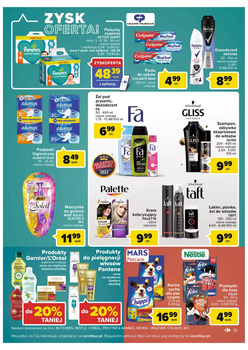 Gazetka promocyjna Carrefour - Gazetka Market - ważna 31.05 do 11.06.2022 - strona 15 - produkty: Always, BIC, Chappi, Colgate, Dezodorant, Fa, Felix, Garnier, Lakier, LG, Maszynka, Odżywka, Palette, Palmolive, Pampers, Pantene, Por, Przekąski dla kota, Rexona, Sport, Szampon, Szynka, Taft