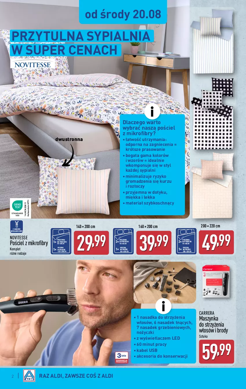 Gazetka promocyjna Aldi - Artykuły przemysłowe i tekstylia - ważna 20.08 do 23.08.2025 - strona 2 - produkty: Carrera, Kabel USB, Maszynka, Noż, Nożyczki, Por, Pościel, Poszewka, Ser, Sypialnia, Szynka