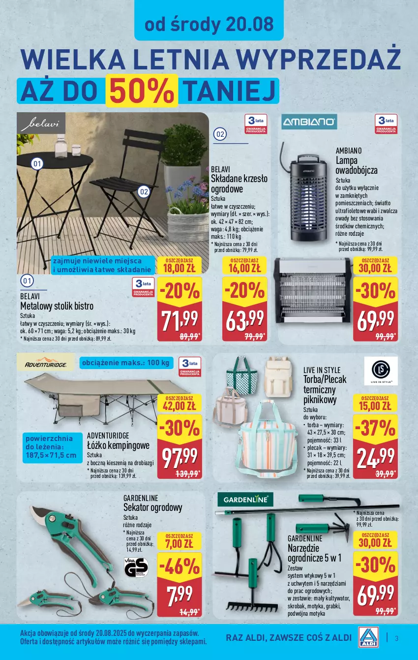 Gazetka promocyjna Aldi - Artykuły przemysłowe i tekstylia - ważna 20.08 do 23.08.2025 - strona 3 - produkty: Gra, Krzesło, Krzesło ogrodowe, Lampa, Plecak, Sekator, Stolik, Torba, Waga