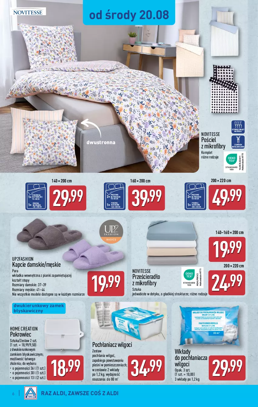 Gazetka promocyjna Aldi - Artykuły przemysłowe i tekstylia - ważna 20.08 do 23.08.2025 - strona 6 - produkty: Fa, Kapcie, LG, Pochłaniacz wilgoci, Pokrowiec, Pościel, Poszewka, Prześcieradło, Top