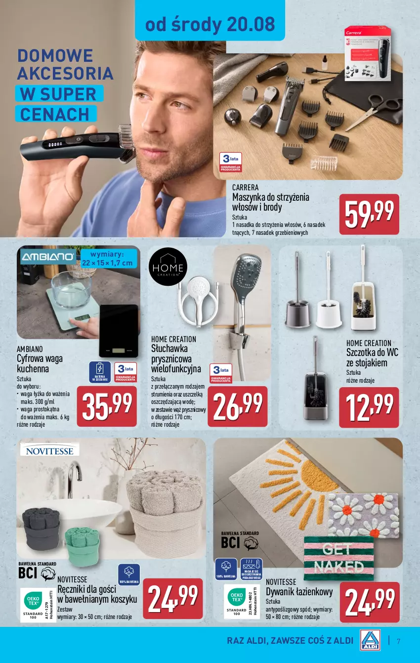Gazetka promocyjna Aldi - Artykuły przemysłowe i tekstylia - ważna 20.08 do 23.08.2025 - strona 7 - produkty: Bateria, Carrera, Dywan, Dywanik, Dywanik łazienkowy, Kosz, Maszynka, Ręcznik, Rum, Słuchawka prysznicowa, Stojak, Szczotka, Szczotka do WC, Szynka, Waga, Wełna