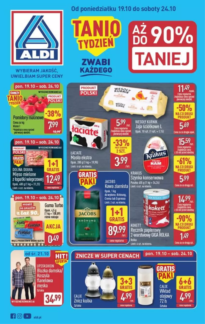 Gazetka promocyjna Aldi - Pełna oferta - ważna 19.10 do 24.10.2026 - strona 1 - produkty: Gra, Jaja, Kawa, Kawa ziarnista, Kosz, Koszula, Krakus, Masło, Olej, Papier, Ręcznik, Ser, Szynka, Szynka konserwowa, Znicz