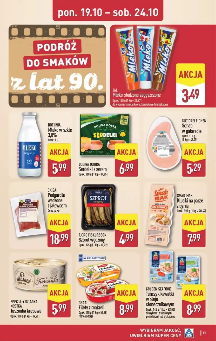 Gazetka promocyjna Aldi - Pełna oferta - ważna 19.10 do 24.10.2026 - strona 13 - produkty: Dynią, Fa, Kawa, Kluski na parze, Koc, Mleko, Olej, Ser, Serdelki, Szprot, Tuńczyk, Tusz