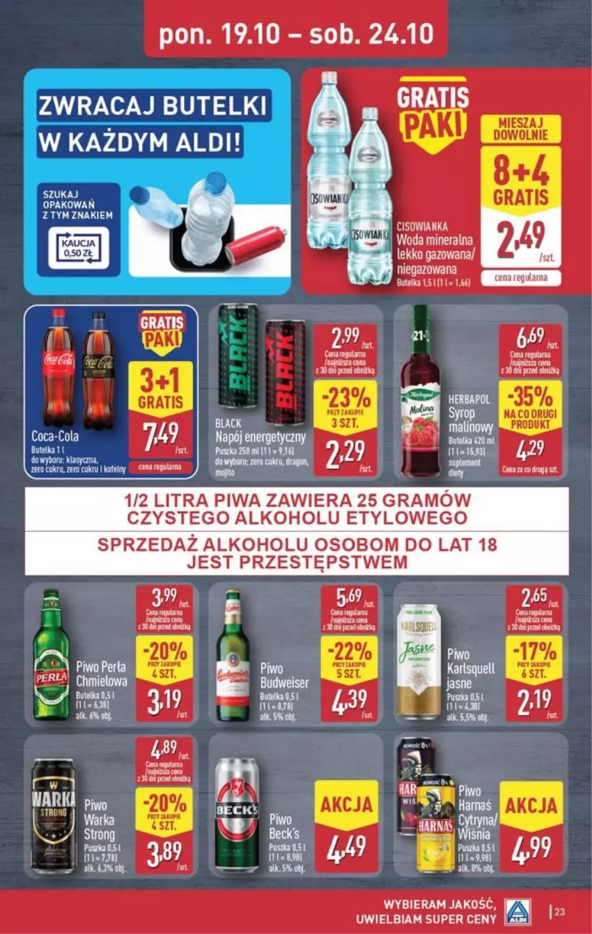 Gazetka promocyjna Aldi - Pełna oferta - ważna 19.10 do 24.10.2026 - strona 23 - produkty: Coca-Cola, Fa, Gra, Herbapol, Napój, Napój energetyczny, Perła, Piwa, Woda, Woda mineralna