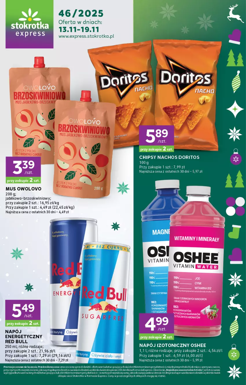 Gazetka promocyjna Stokrotka - Stokrotka Express - ważna 13.11 do 19.11.2025 - strona 1 - produkty: Chipsy, Chipsy nachos, Cynk, Fa, Mięso, Mus, Napój, Napój izotoniczny, Oshee, Owoce, Red Bull, Warzywa