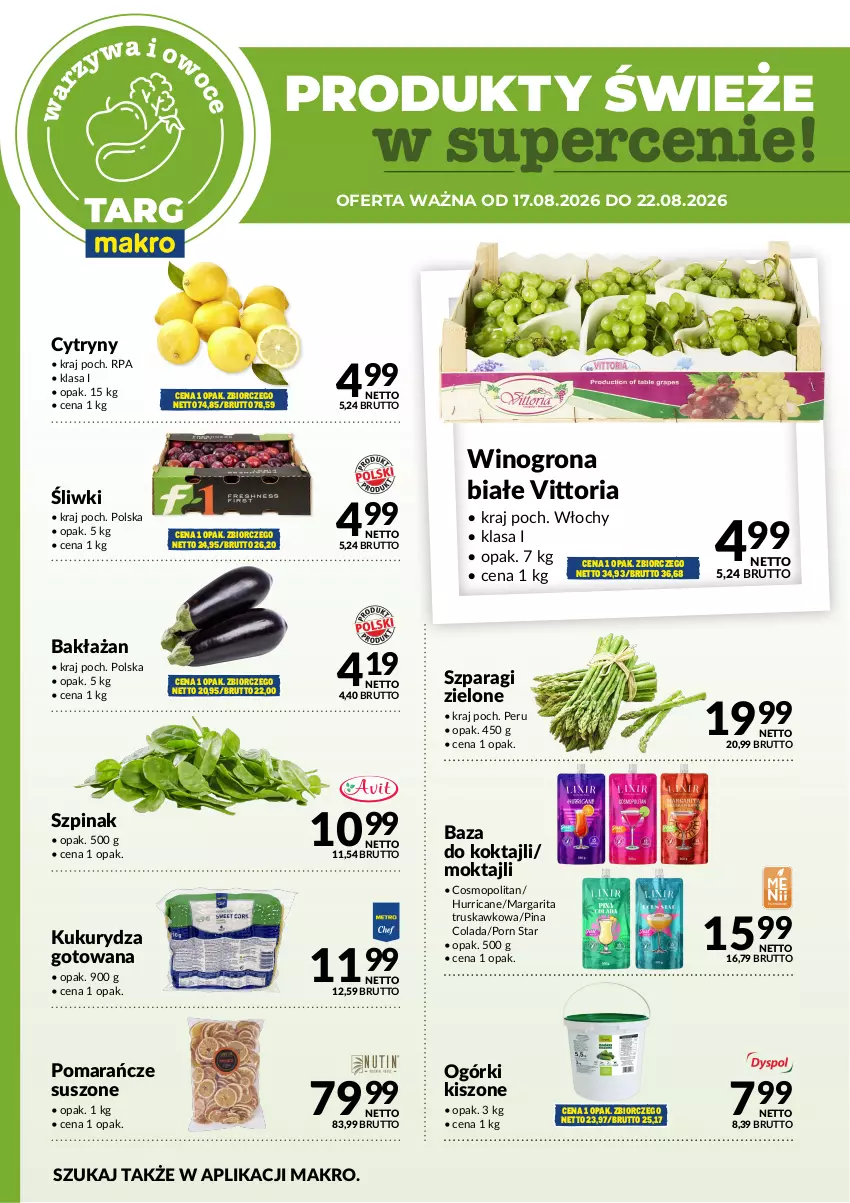 Gazetka promocyjna Makro - Targ MAKRO - oferta świeża w super cenach! - ważna 17.08 do 22.08.2026 - strona 5 - produkty: Cytryny, Kukurydza, Mop, Pomarańcze, Por, Szpinak, Wino, Winogrona