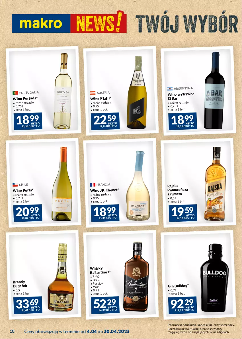 Gazetka promocyjna Makro - Najlepsze oferty - oferta z alkoholem - ważna 04.04 do 30.04.2023 - strona 10 - produkty: Brandy, Bulldog, Fa, Gin, Por, Portada, Rum, Whisky, Wino