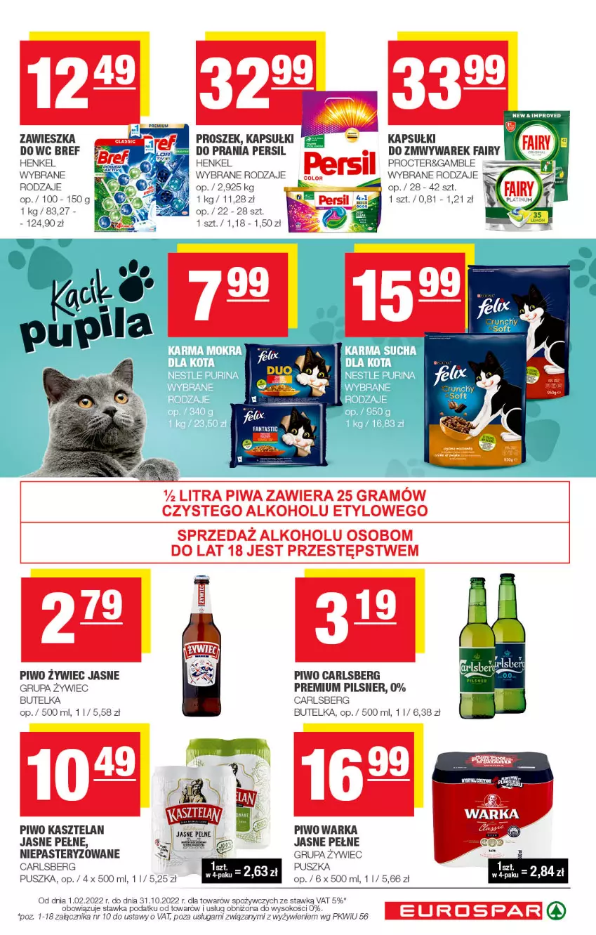 Gazetka promocyjna Spar - EuroSpar - ważna 11.09 do 21.09.2022 - strona 15 - produkty: Bref, Carlsberg, Fa, Fairy, Kasztelan, Persil, Piwo, Pur, Purina, Sok, Warka