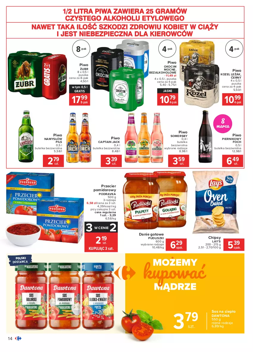 Gazetka promocyjna Carrefour - Gazetka Carrefour - ważna 01.03 do 13.03.2021 - strona 14 - produkty: Captain Jack, Chipsy, Danie gotowe, Dawtona, Gra, Koc, Kosz, Kozel, Lay’s, Namysłów, Okocim, Piec, Piernik, Piwa, Piwo, Podravka, Pudliszki, Somersby, Sos