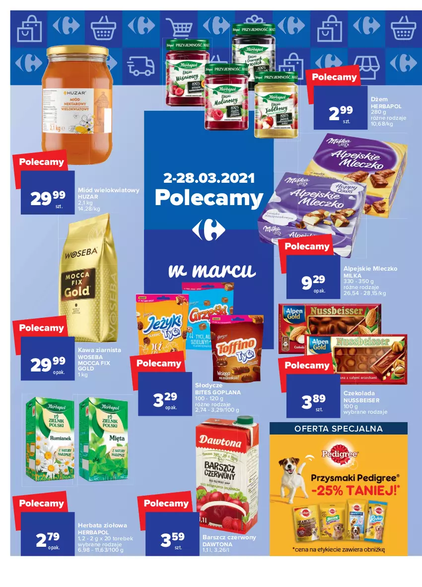 Gazetka promocyjna Carrefour - Gazetka Carrefour - ważna 01.03 do 13.03.2021 - strona 36 - produkty: Czekolada, Dawtona, Dżem, Goplana, Herbapol, Herbata, Kawa, Kawa ziarnista, LANA, Milka, Miód, Mleczko, Mocca Fix Gold, Ser, Woseba