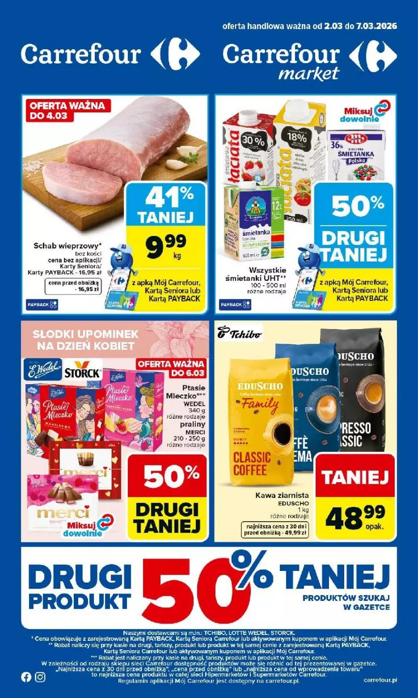 Gazetka promocyjna Carrefour - Gazetka Carrefour, Market od poniedziałku! - ważna 02.03 do 07.03.2026 - strona 1 - produkty: Kawa, Kawa ziarnista, Merci, Mleczko, Praliny, Schab wieprzowy