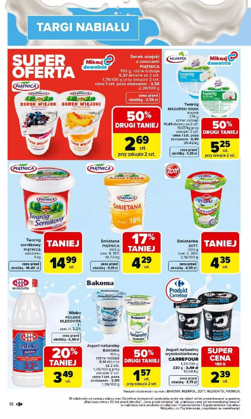 Gazetka promocyjna Carrefour - Gazetka Carrefour, Market od poniedziałku! - ważna 02.03 do 07.03.2026 - strona 18 - produkty: Bakoma, Fa, Jogurt, Jogurt naturalny, Mleko, Piątnica, Ser, Serek, Serek wiejski, Sok, Twaróg, Zott