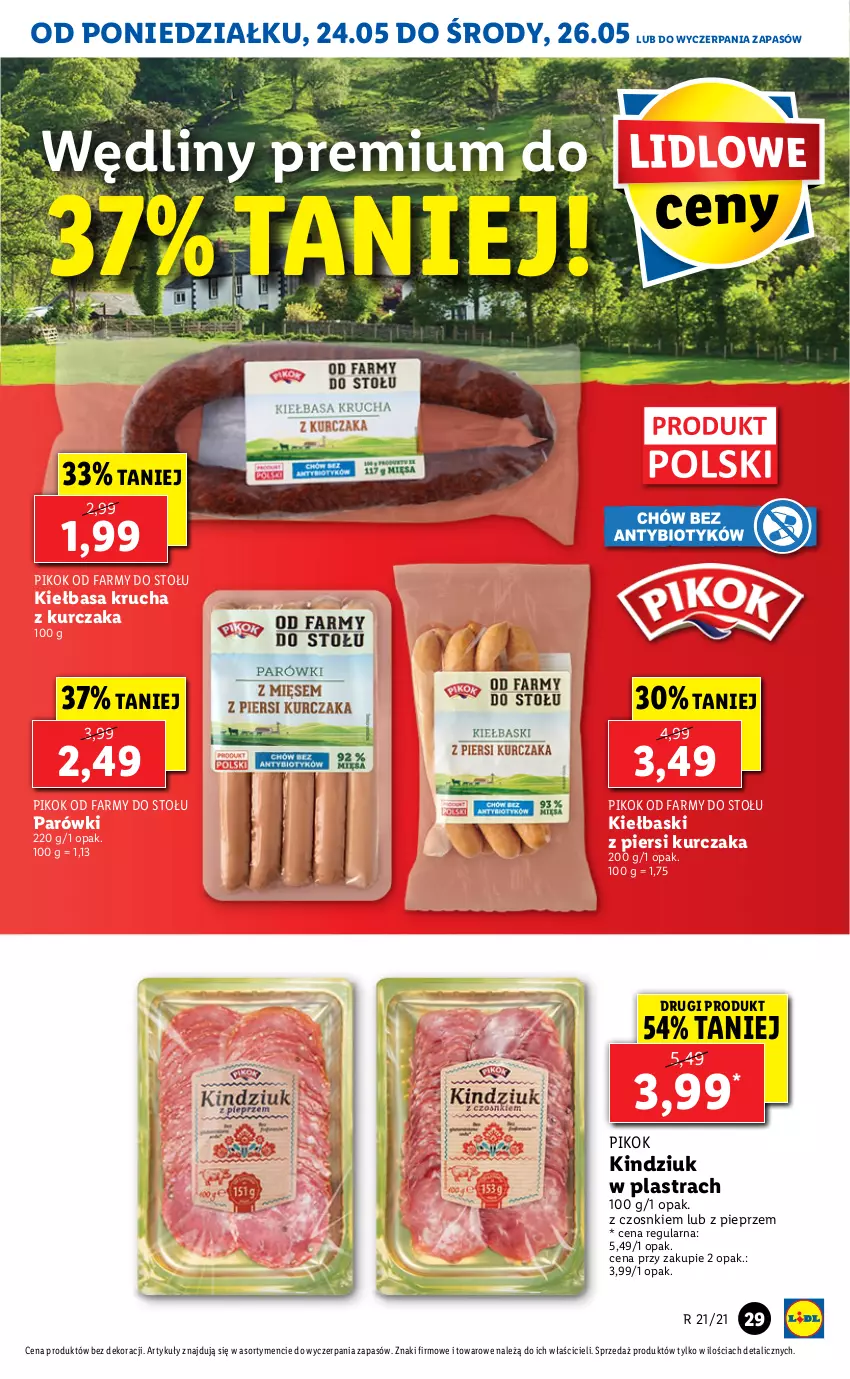 Gazetka promocyjna Lidl - GAZETKA - ważna 24.05 do 26.05.2021 - strona 29 - produkty: Fa, Kiełbasa, Kiełbasa krucha, Kindziuk, Kurczak, Parówki, Pieprz, PIKOK