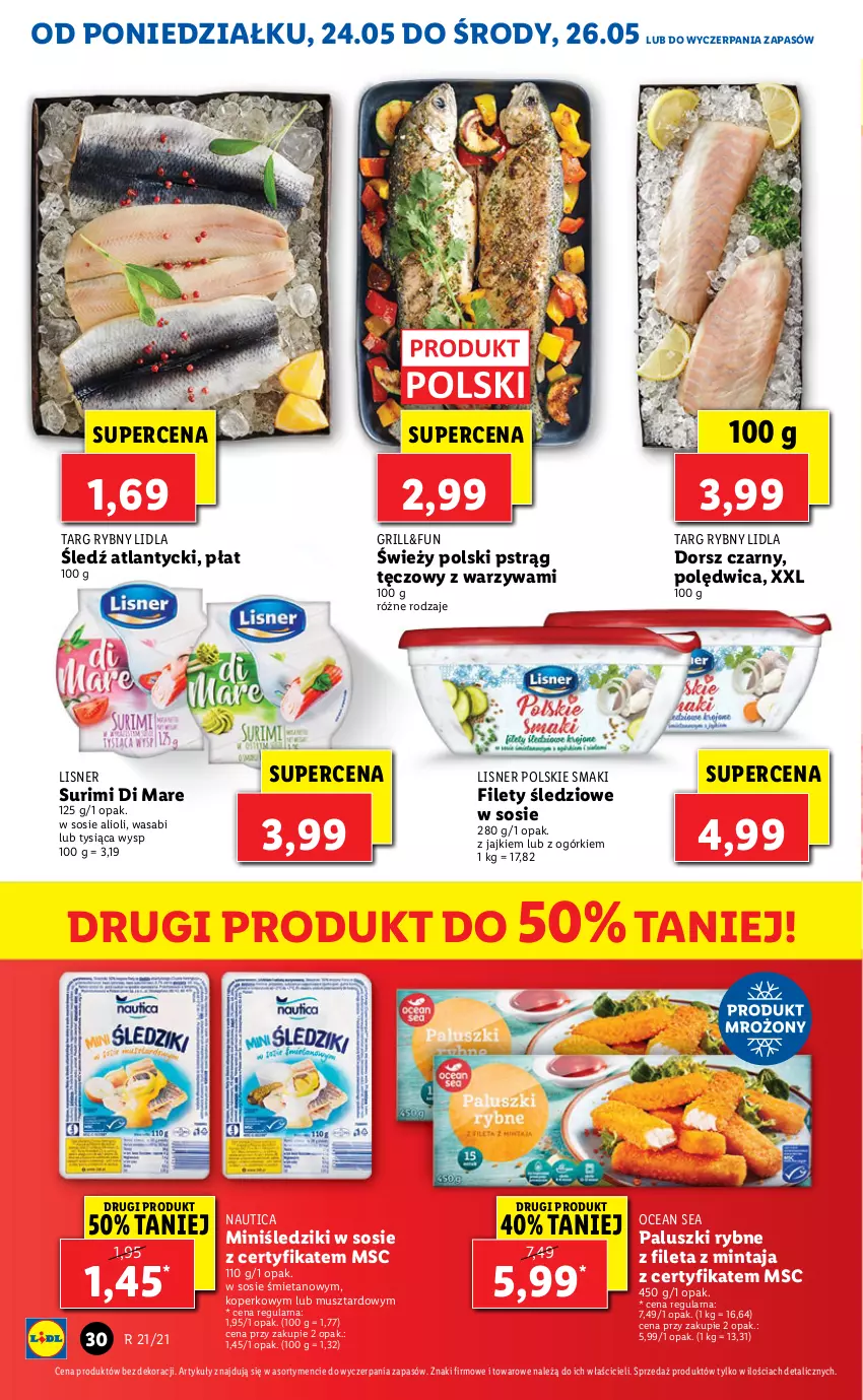 Gazetka promocyjna Lidl - GAZETKA - ważna 24.05 do 26.05.2021 - strona 30 - produkty: Dorsz, Grill, Lisner, Mintaj, Mus, Paluszki rybne, Polędwica, Pstrąg, Pstrąg tęczowy, Sos, Surimi, Warzywa, Wasa