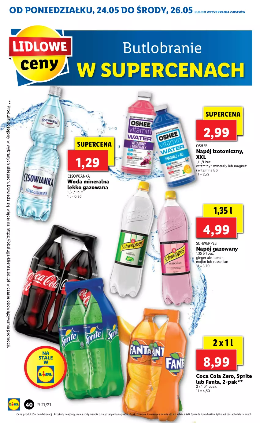 Gazetka promocyjna Lidl - GAZETKA - ważna 24.05 do 26.05.2021 - strona 40 - produkty: Chia, Cisowianka, Fa, Fanta, Gin, Magnez, Napój, Napój gazowany, Napój izotoniczny, Oshee, Schweppes, Sprite, Woda, Woda mineralna